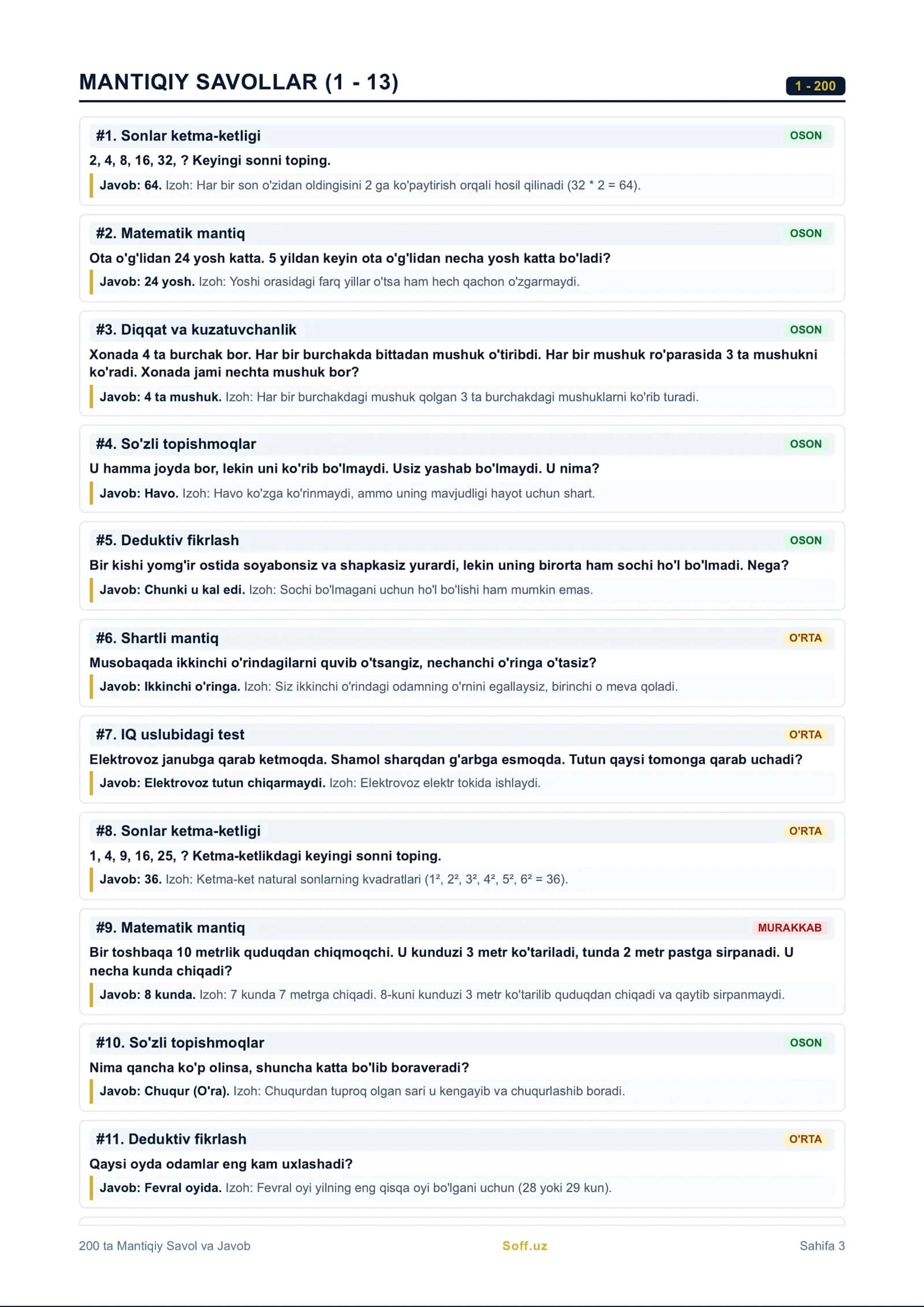 Mantiqiy savollar — 200+ test va javoblar (PDF) 3