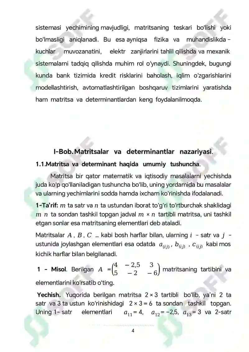 Teskari matritsa va determinanat mavzusida kurs ishi 4