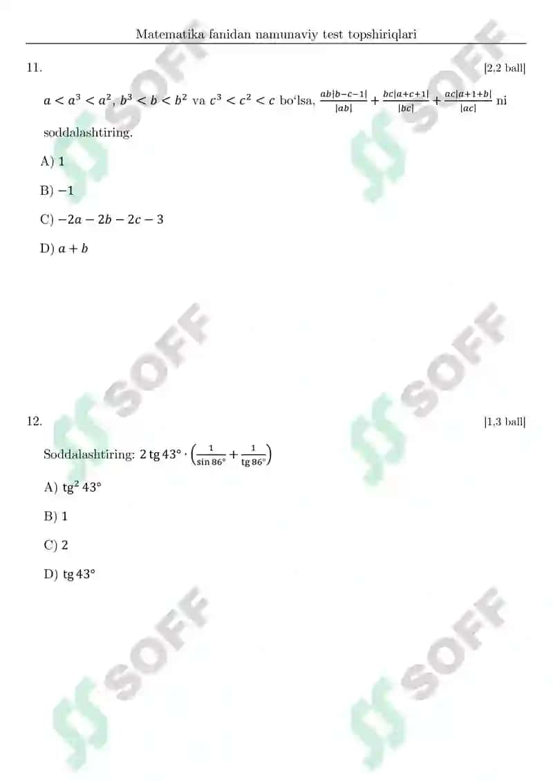 DTM testlari va javoblari matematika fanidan 6