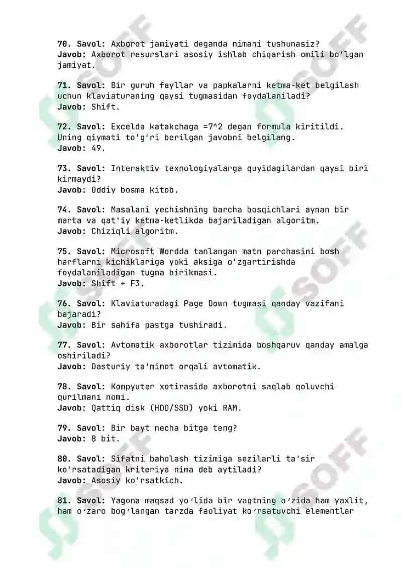 Argos Axborot-Kommunikatsiya Texnologiyalari Savol-Javoblar To'plami PDF - Mobil Aloqa va Dasturlar 7