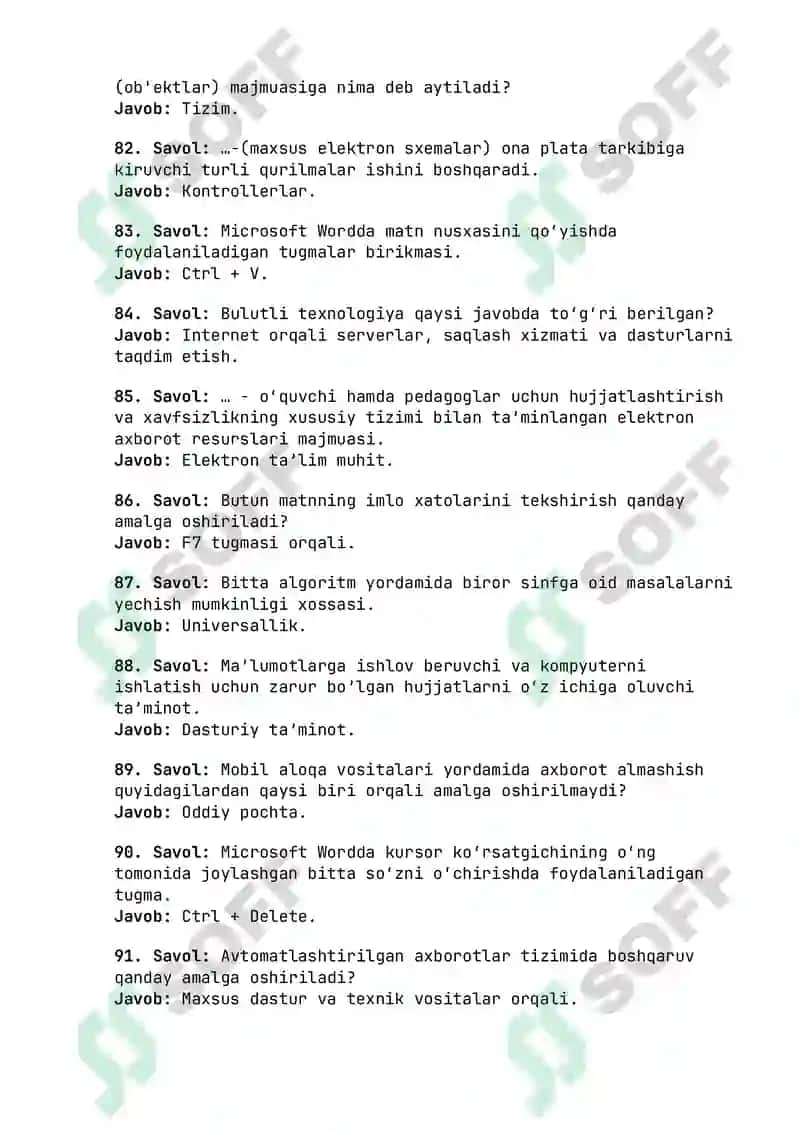 Argos Axborot-Kommunikatsiya Texnologiyalari Savol-Javoblar To'plami PDF - Mobil Aloqa va Dasturlar 8