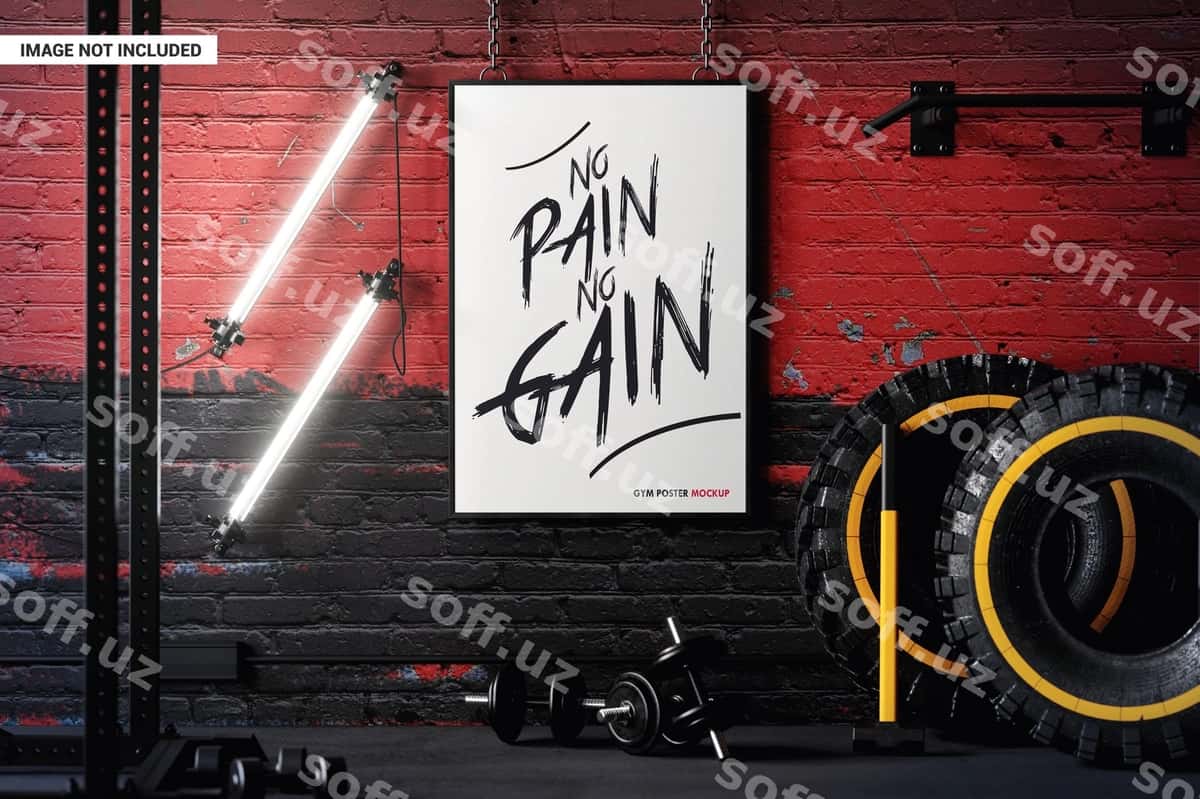 Poyezr ramkasi zinapoylar jim namunasi | Poster frame chains gym mockup 1
