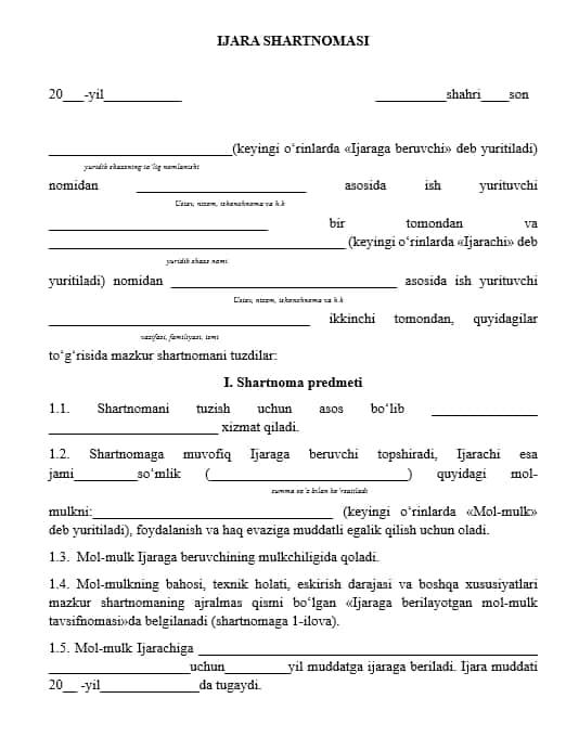 Ijara shartnomasi (Davlat tilida ish yuritish me'yorlari asosida) 1