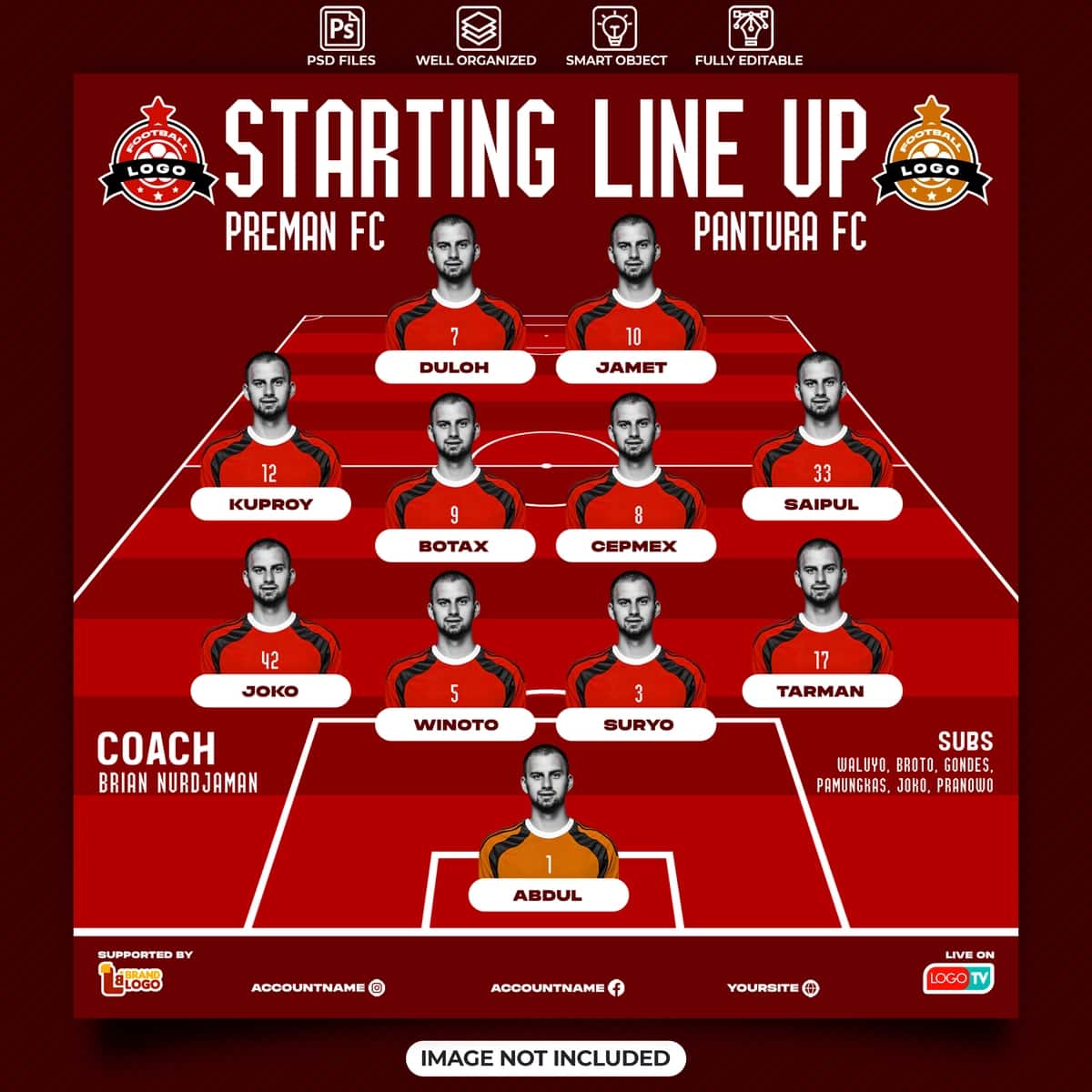 Ijtimoiy tarmoqdagi futbol sport tadbiri varaqasi shabloni | Starting line up football sport event flyer social media template 1