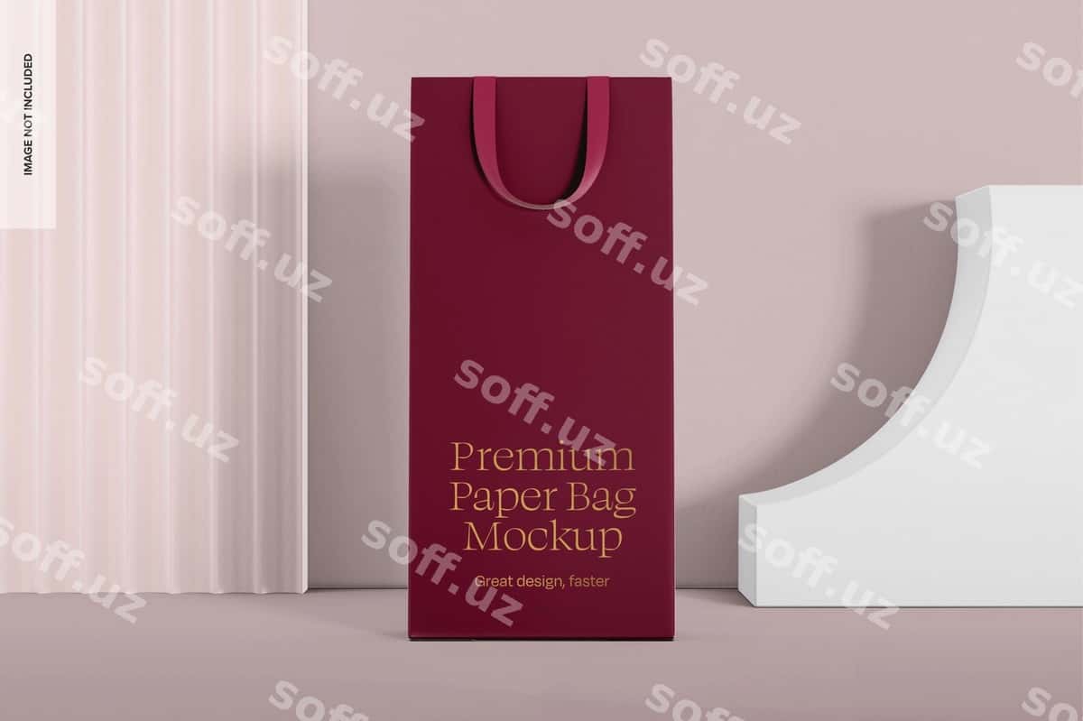 Premium baland qog'oz po'shak mockup oldingi ko'rinish | Premium tall paper bag mockup front view 1