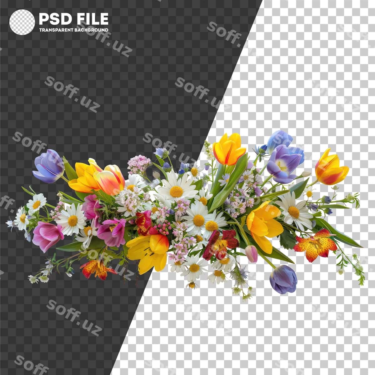 Psd rangarangi aralash gul bargi bouketi | Psd colorful mixed flower bouquet 1