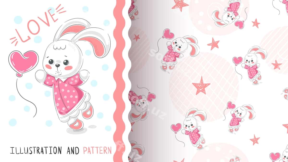 Tulki yurak bilan joyiqsiz naqsh | Rabbit with heart seamless pattern 1