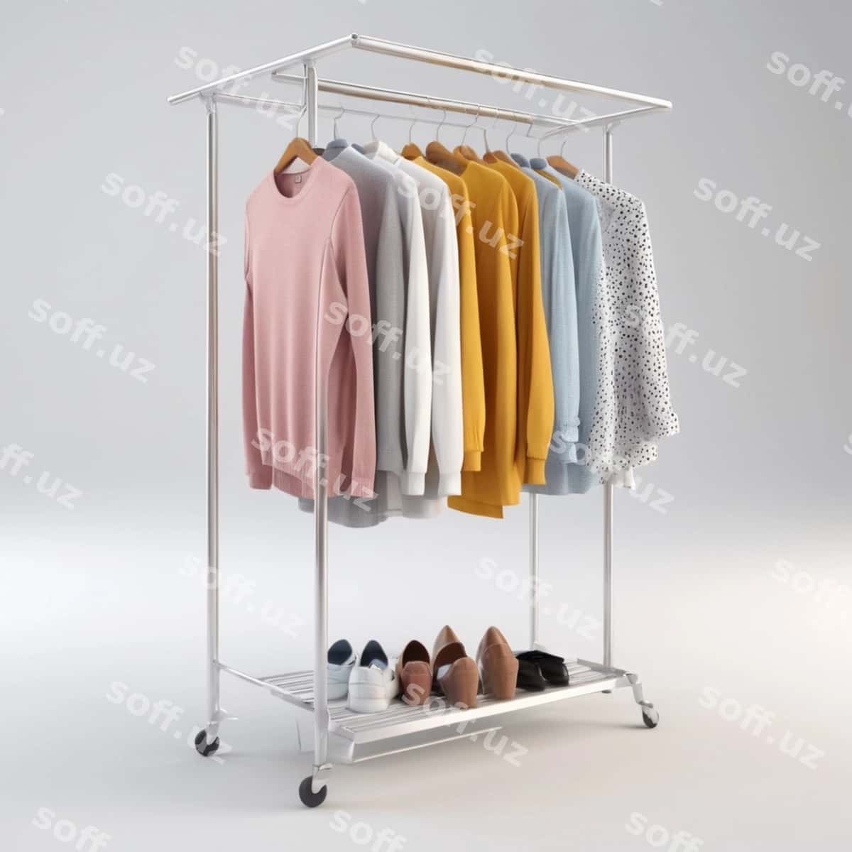 Kiyimlarni "oyoq qo'llar" yozilgan stoykaga qo'y. | Rack clothes with one that says shoes 1