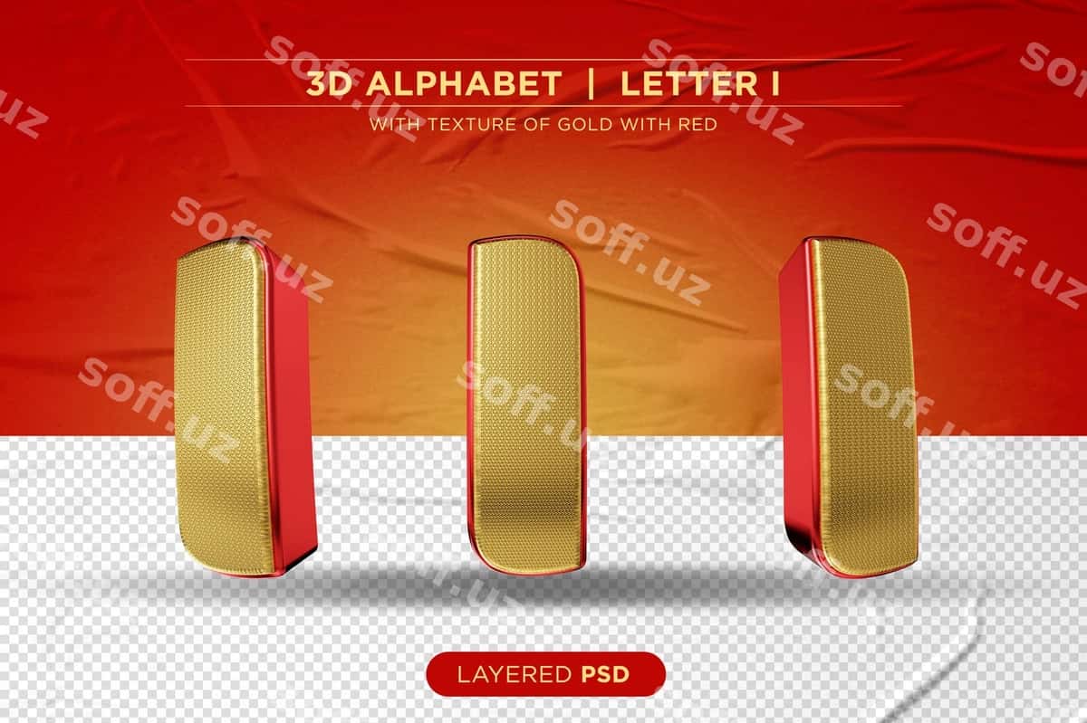 Qizil uch oʻlchovli alfavit oltin i harfi bilan | Red 3d alphabet with golden letter i 1