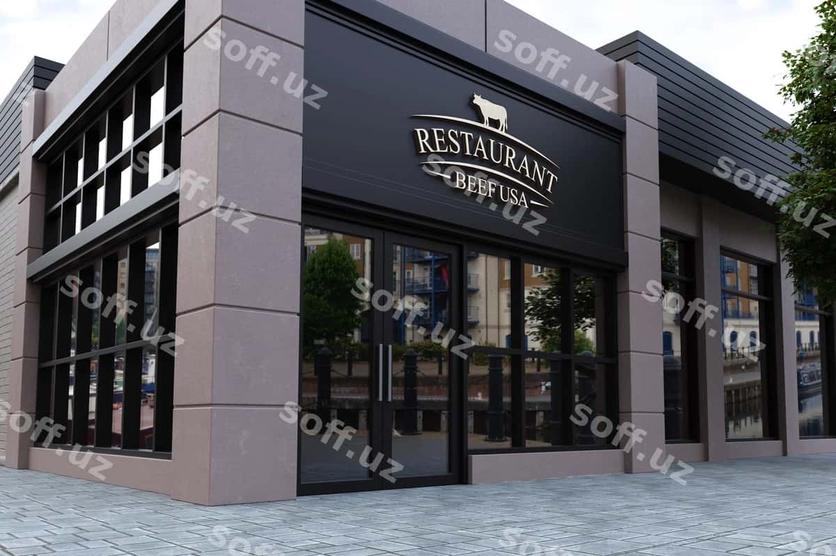Restoran fassada logotip namunasi | Restaurant facade logo mockup 1