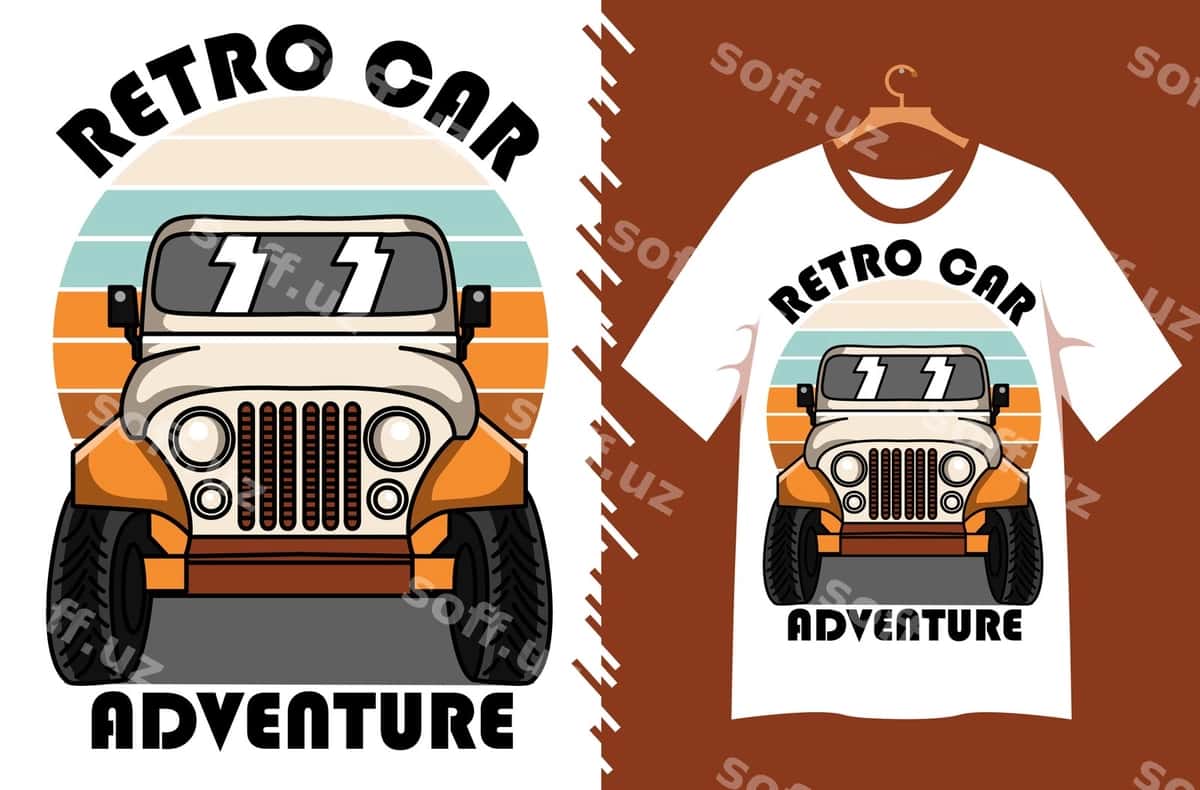 Retro avtomobil qo'shmati vektor futbolka dizayni | Retro car adventure vector t shirt design 1