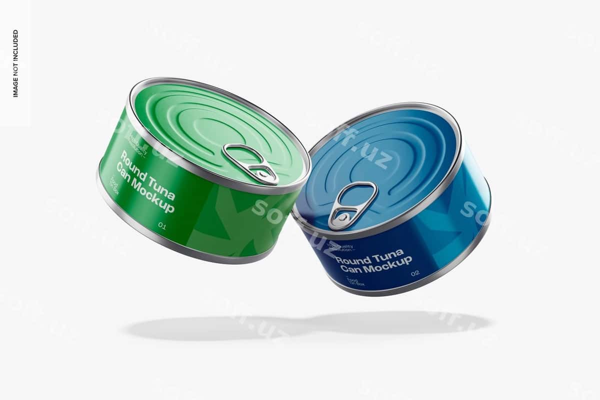 Aylanma tuna bankalari modeli suzilayotgan | Round tuna cans mockup floating 1
