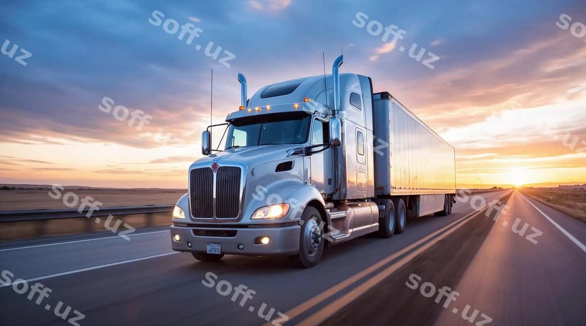 Yarim yuk mashinasi avtomagistralda quyosh botishi | Semi truck driving highway sunset 1