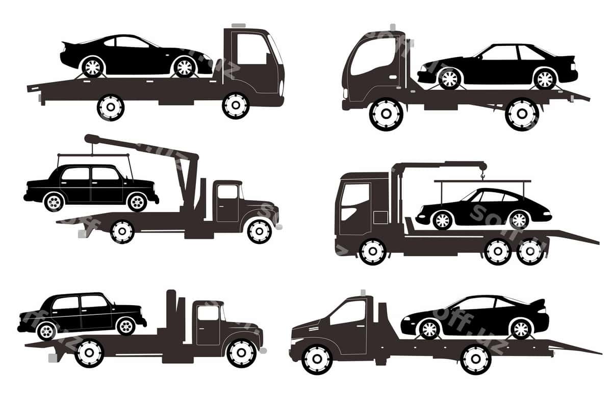 Tirjima moshina siluetlari logotiplari ikonkalari to'plami | Set tow truck silhouettes logos icons 1