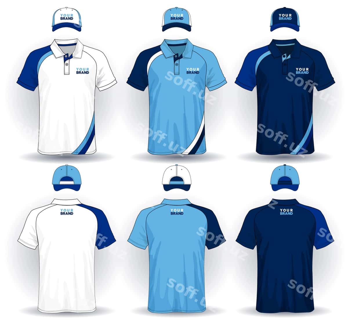 Komplekt bir xil shablon polo rubokalari va shapkalar | Set uniform template polo shirts caps 1