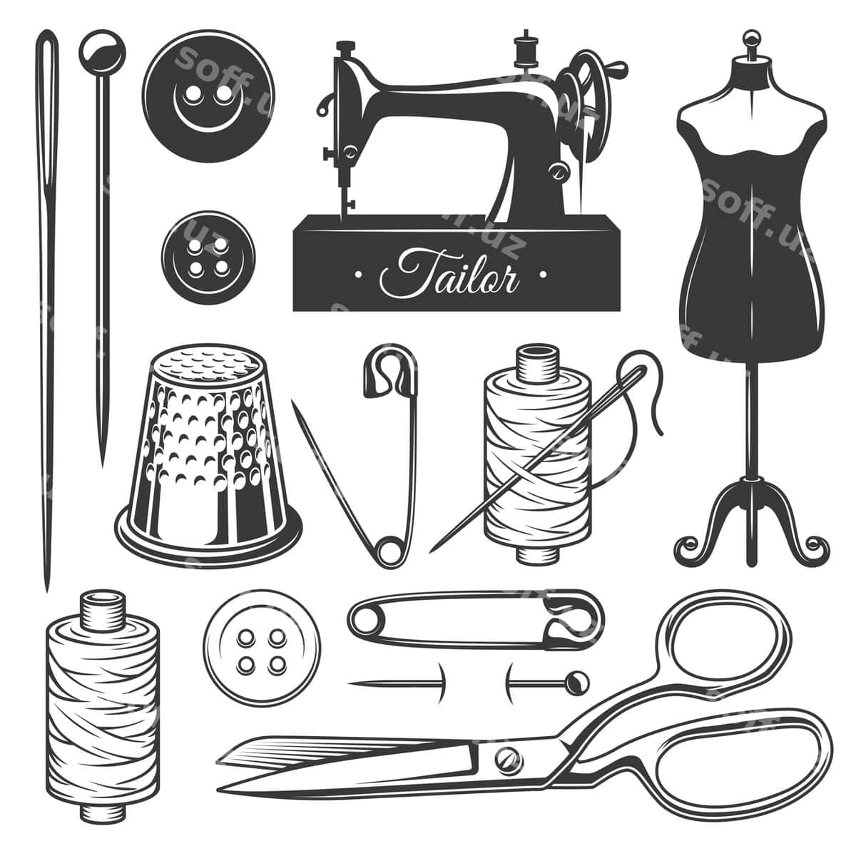 Vintage monoxrom tikuvchilik asboblarini o'rnating | Set vintage monochrome tailor tools 1