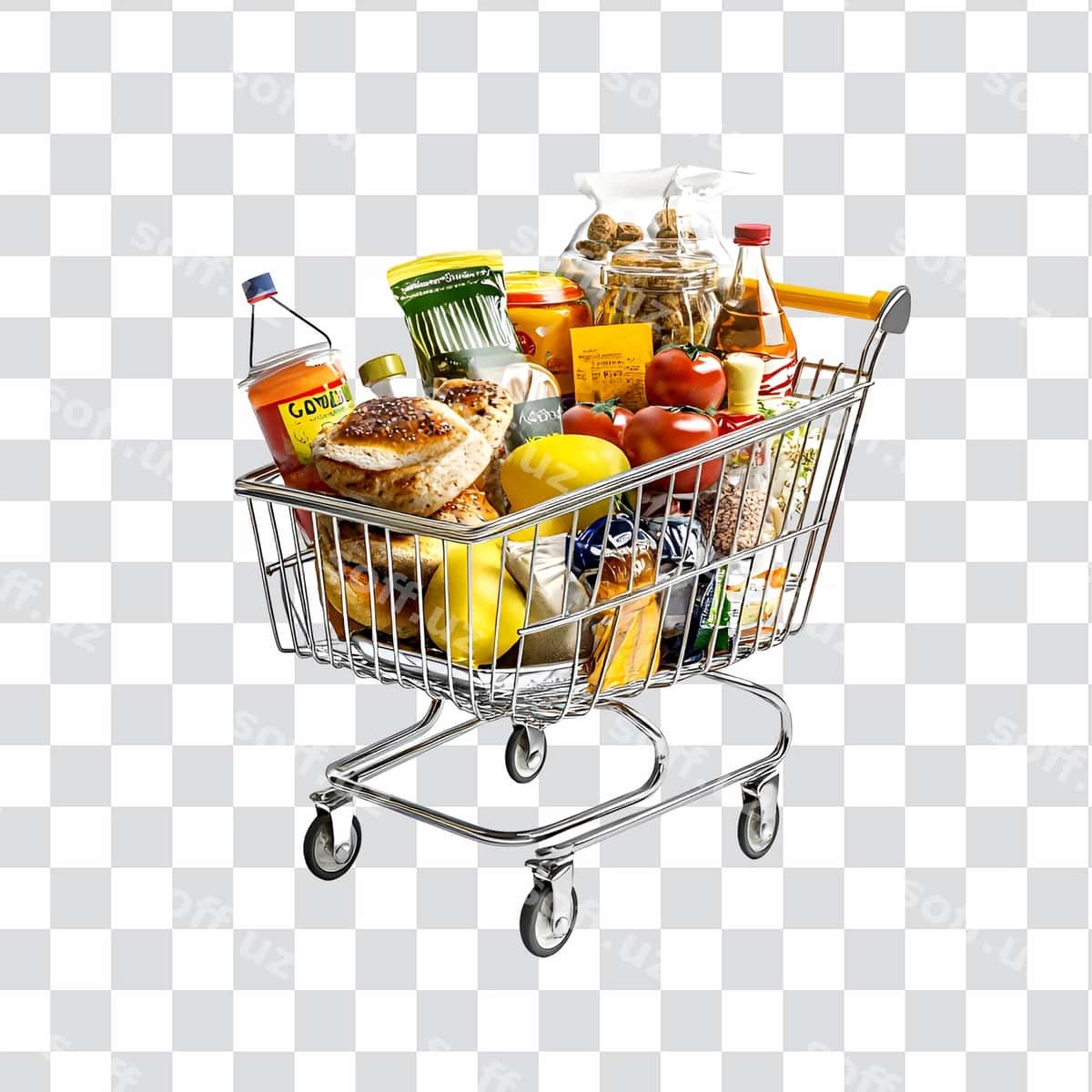 Xarid savati ovqat, shisha, suv bilan | Shopping cart with food bottle juice it 1