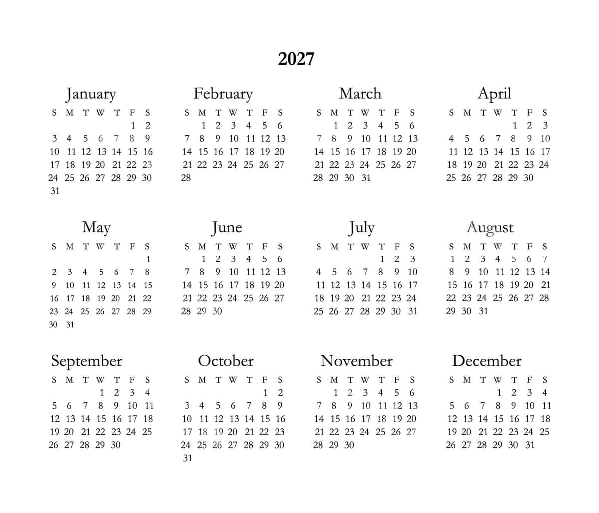 Oddiy takvim 2027 | Simple calendar 2027 1