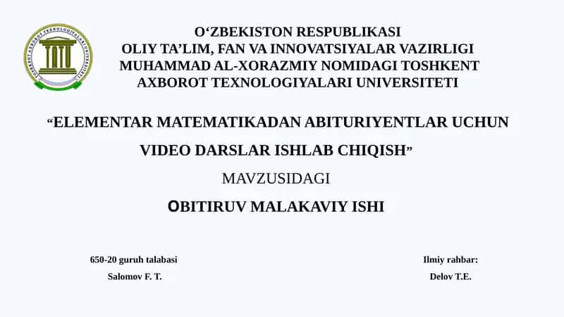 ELEMENTAR MATEMATIKADAN ABITURIYENTLAR UCHUN VIDEO DARSLAR 1