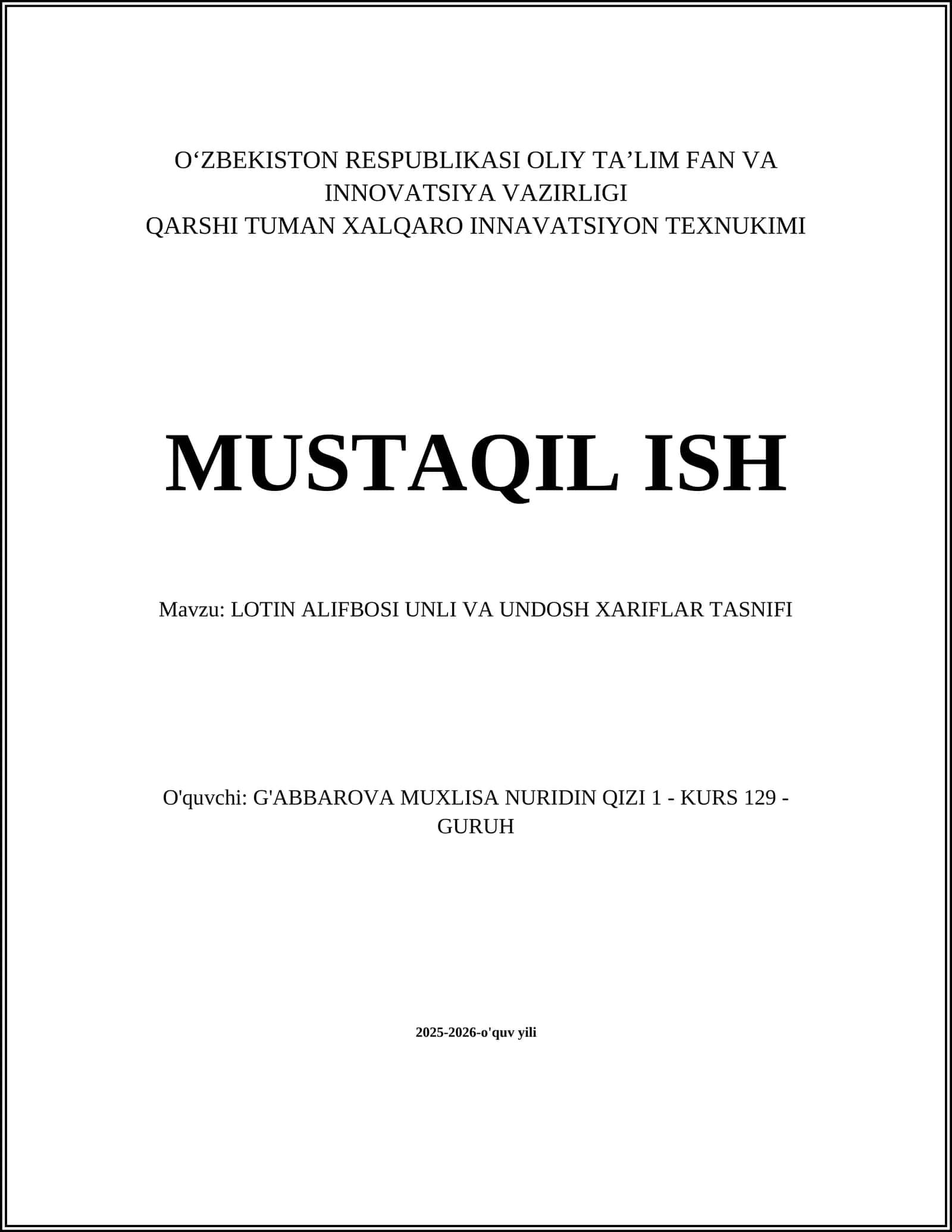 LOTIN ALIFBOSI UNLI VA UNDOSH XARIFLAR TASNIFI 1