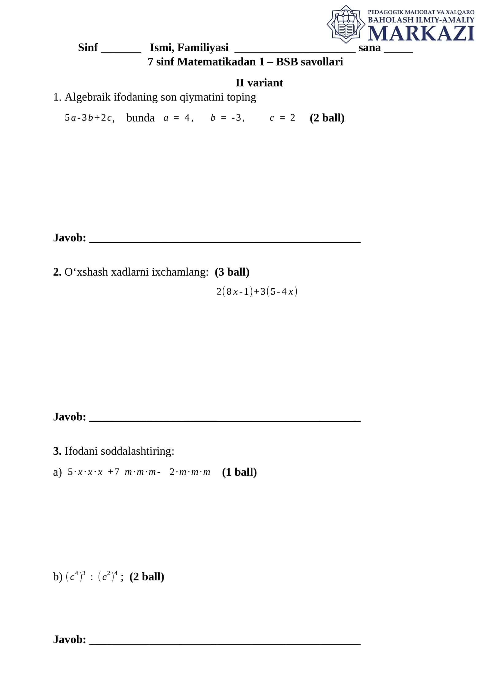 7 sinf Matematikadan 1 – BSB savollari II variant 1