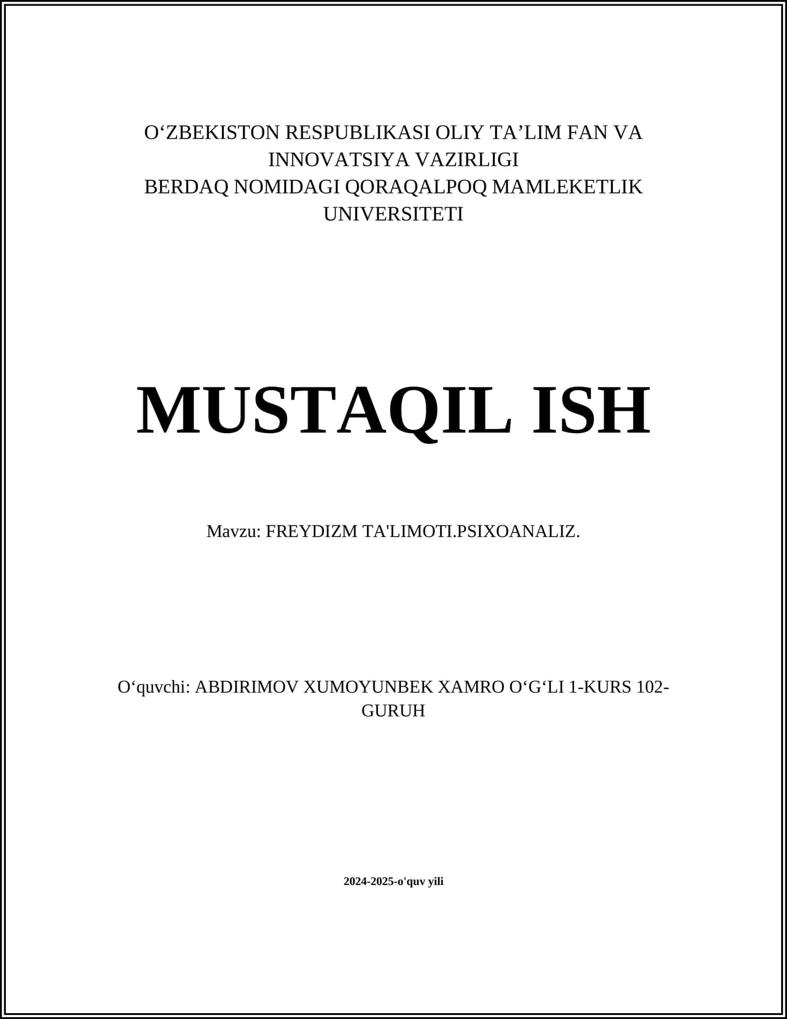 FREYDIZM TA'LIMOTI.PSIXOANALIZ 1