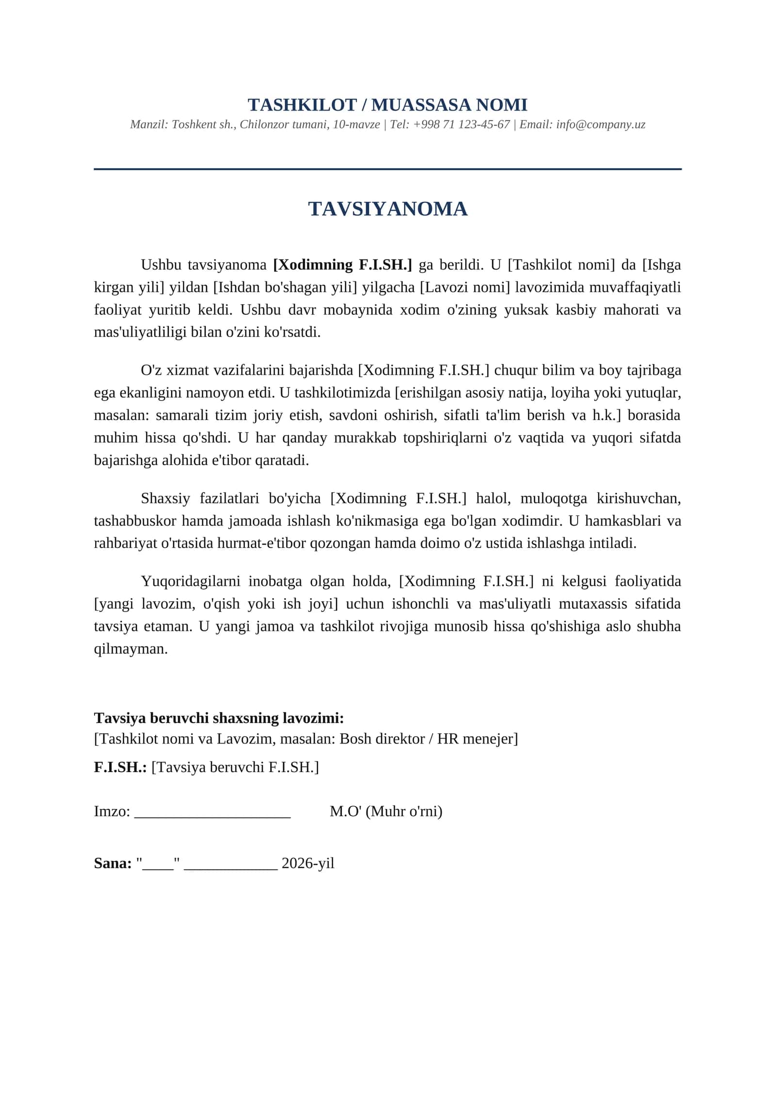 Hodim uchun tavsiyanoma shabloni 1
