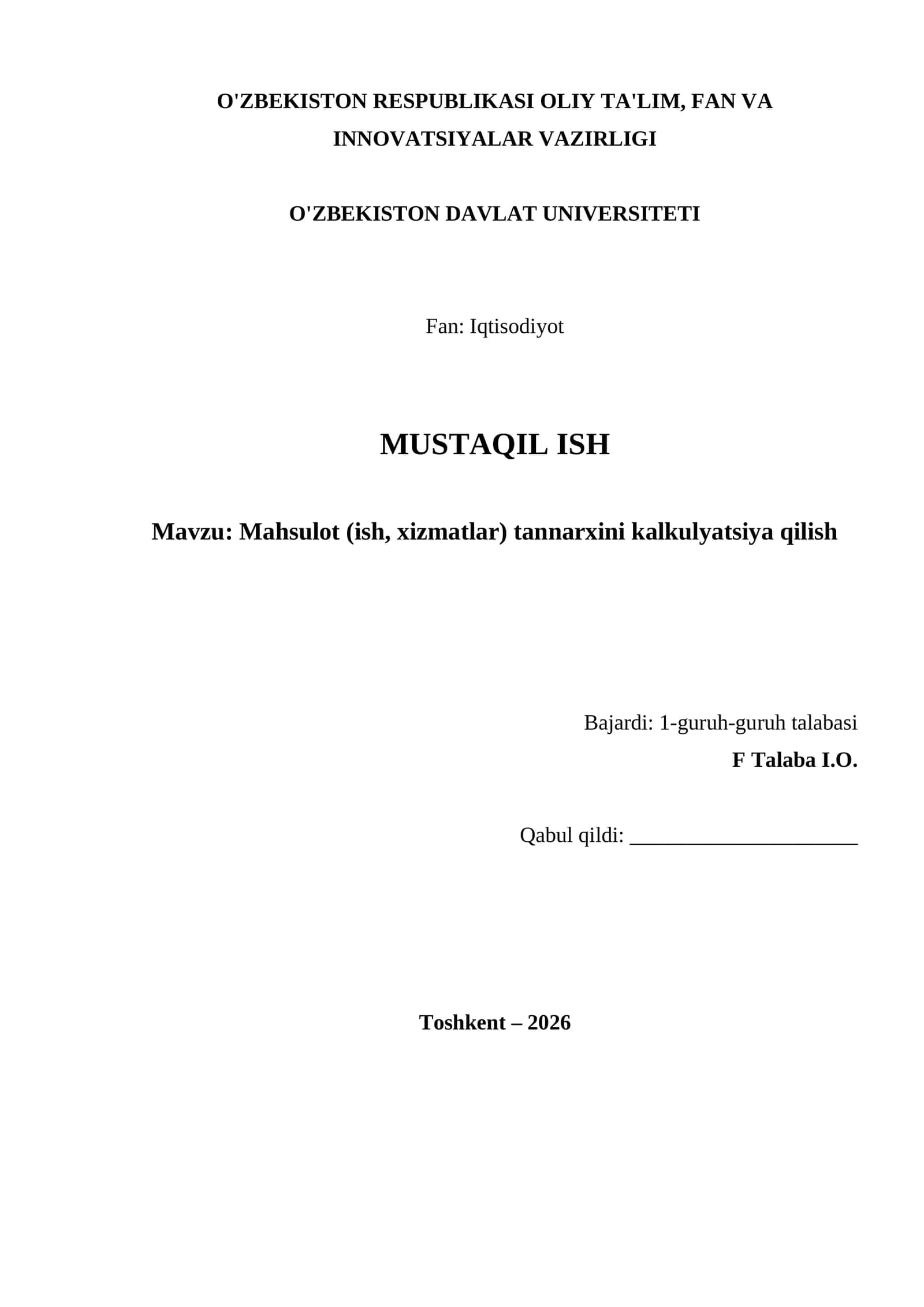 Mahsulot (ish, xizmatlar) tannarxini kalkulyatsiya qilish 1