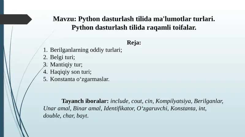 Python dasturlash tilida ma'lumotlar turlari. Python dasturlash tilida raqamli toifalar. 1