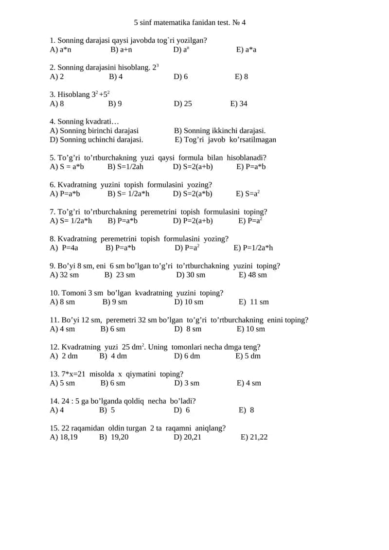 5-SINF MATEMATIKA TEST 1