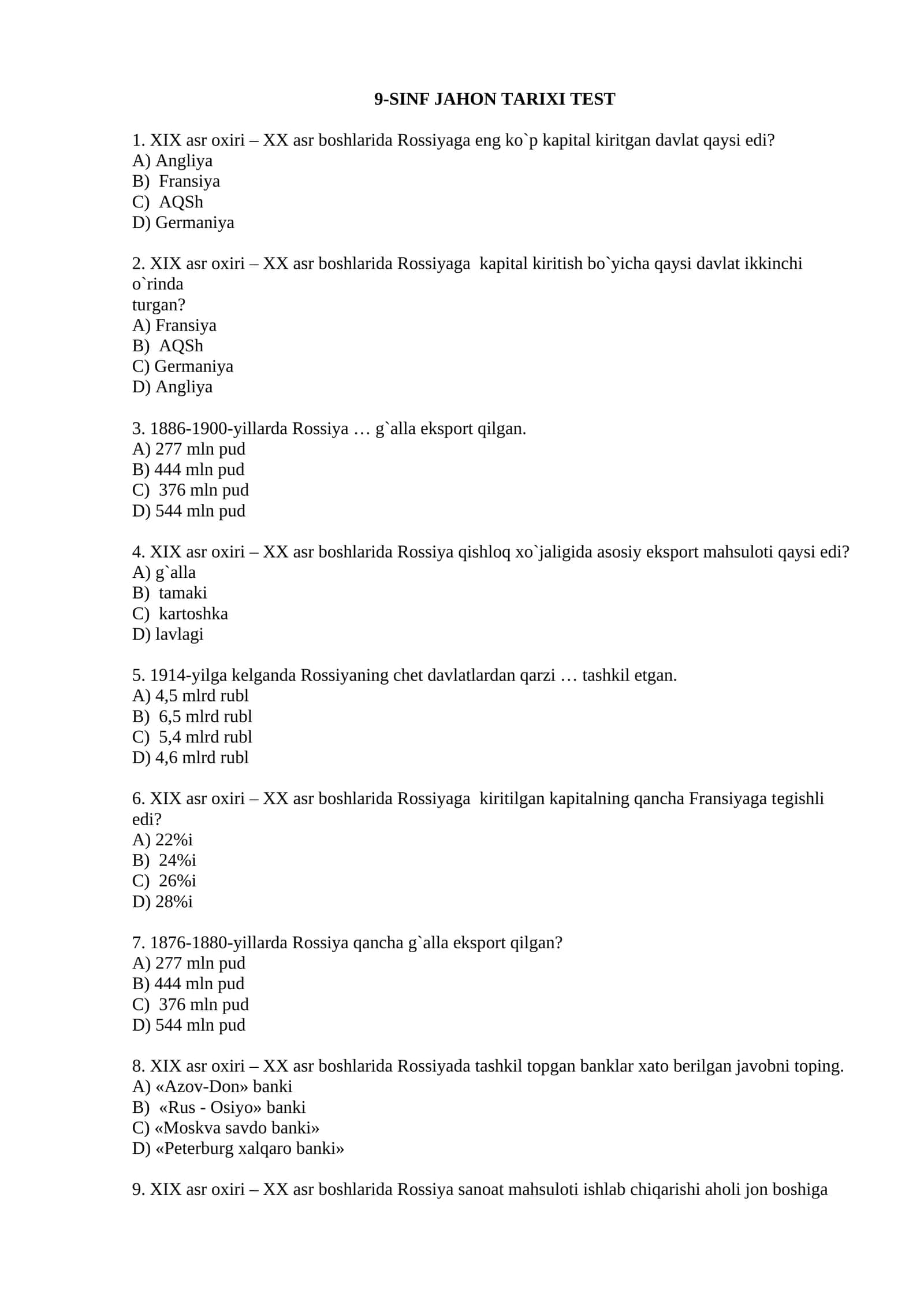 9-SINF JAHON TARIXI TEST 1