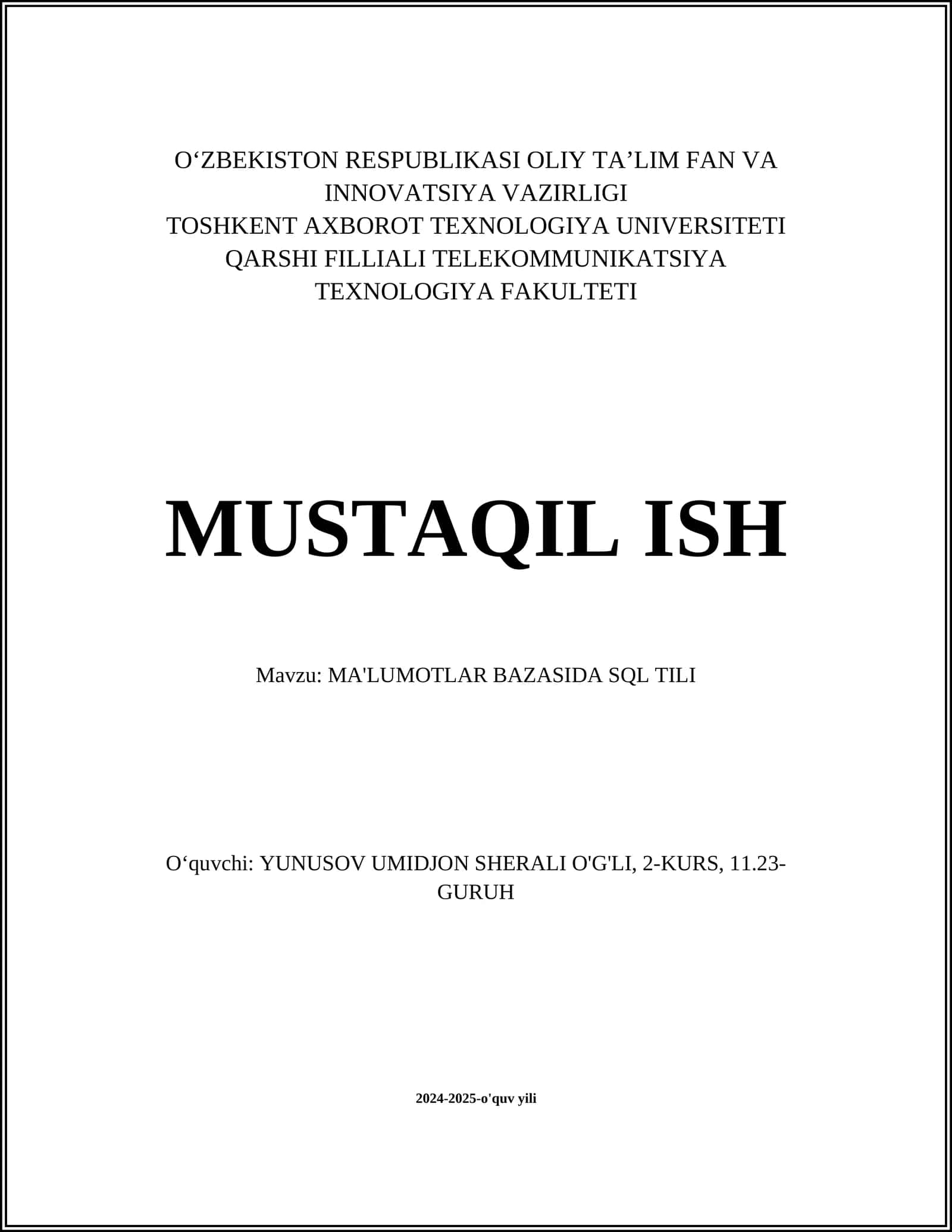 MA'LUMOTLAR BAZASIDA SQL TILI 1