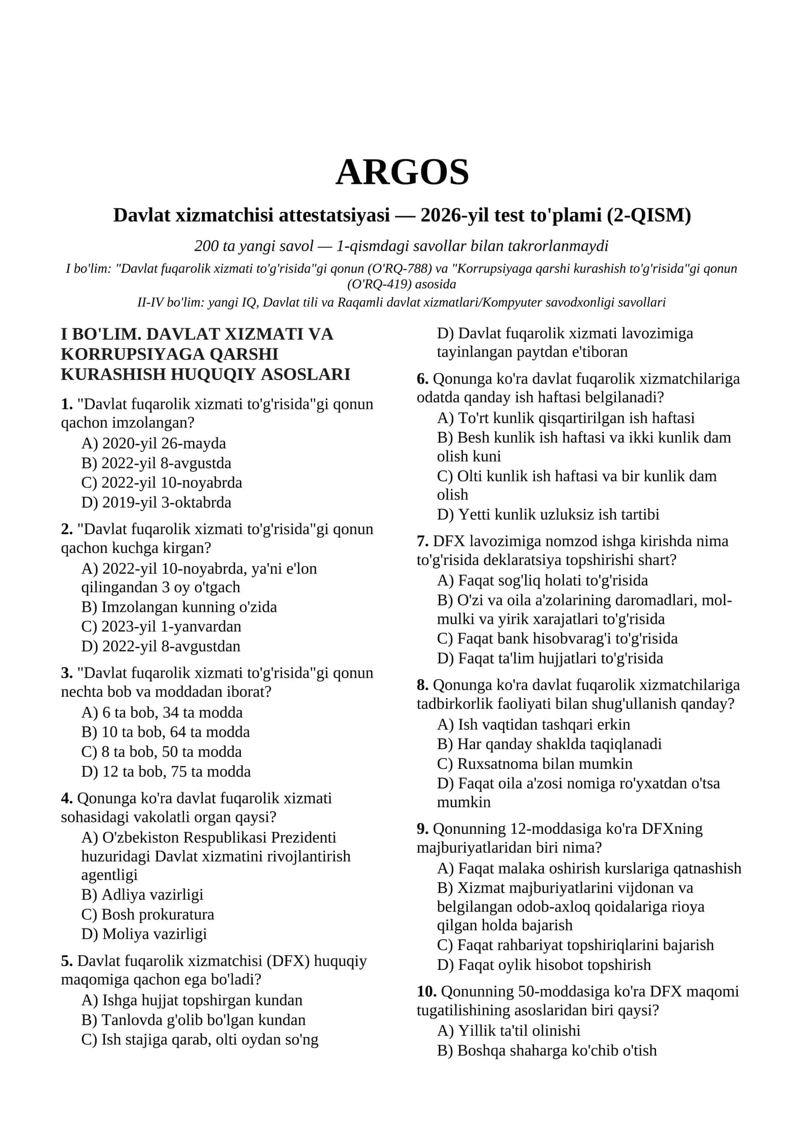 ARGOS Davlat xizmatchisi attestatsiyasi — 2026-yil test to'plami (2-QISM) 1