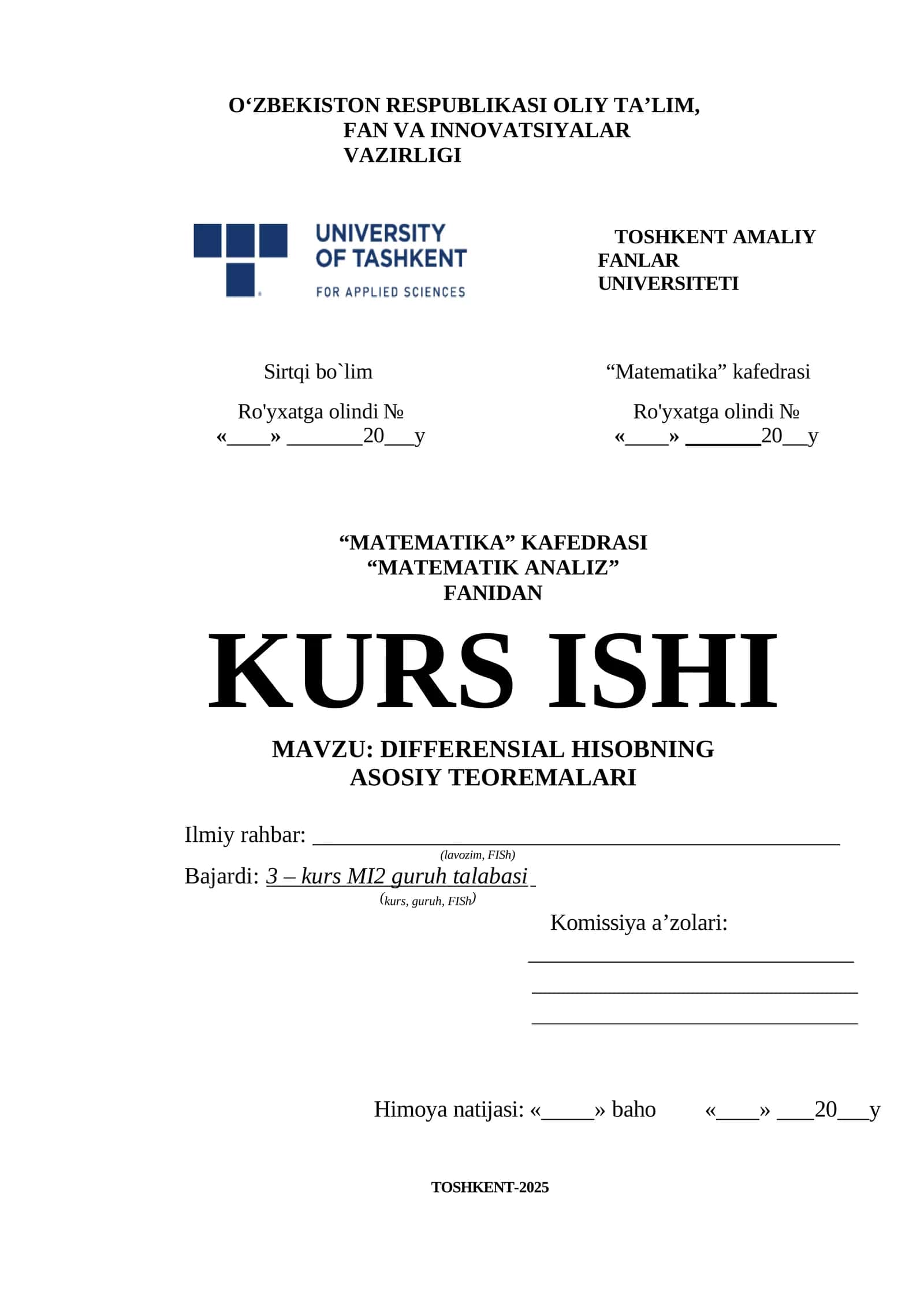 KURS ISHI: DIFFERENSIAL HISOBNING ASOSIY TEOREMALARI 1