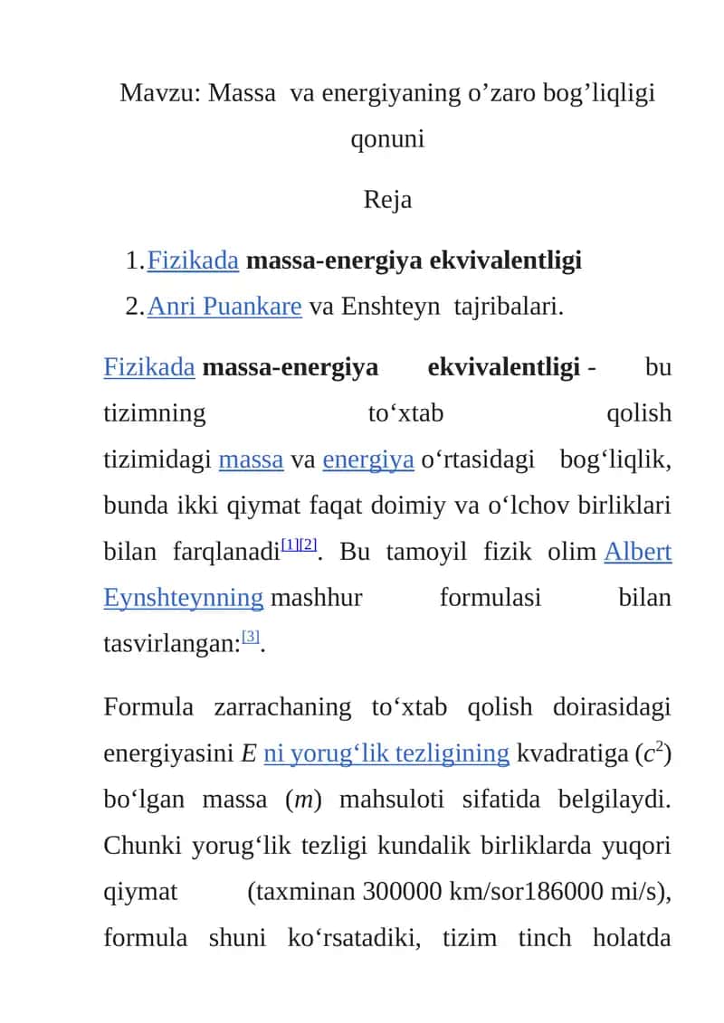 Massa va energiyaning o’zaro bog’liqligi qonuni 1