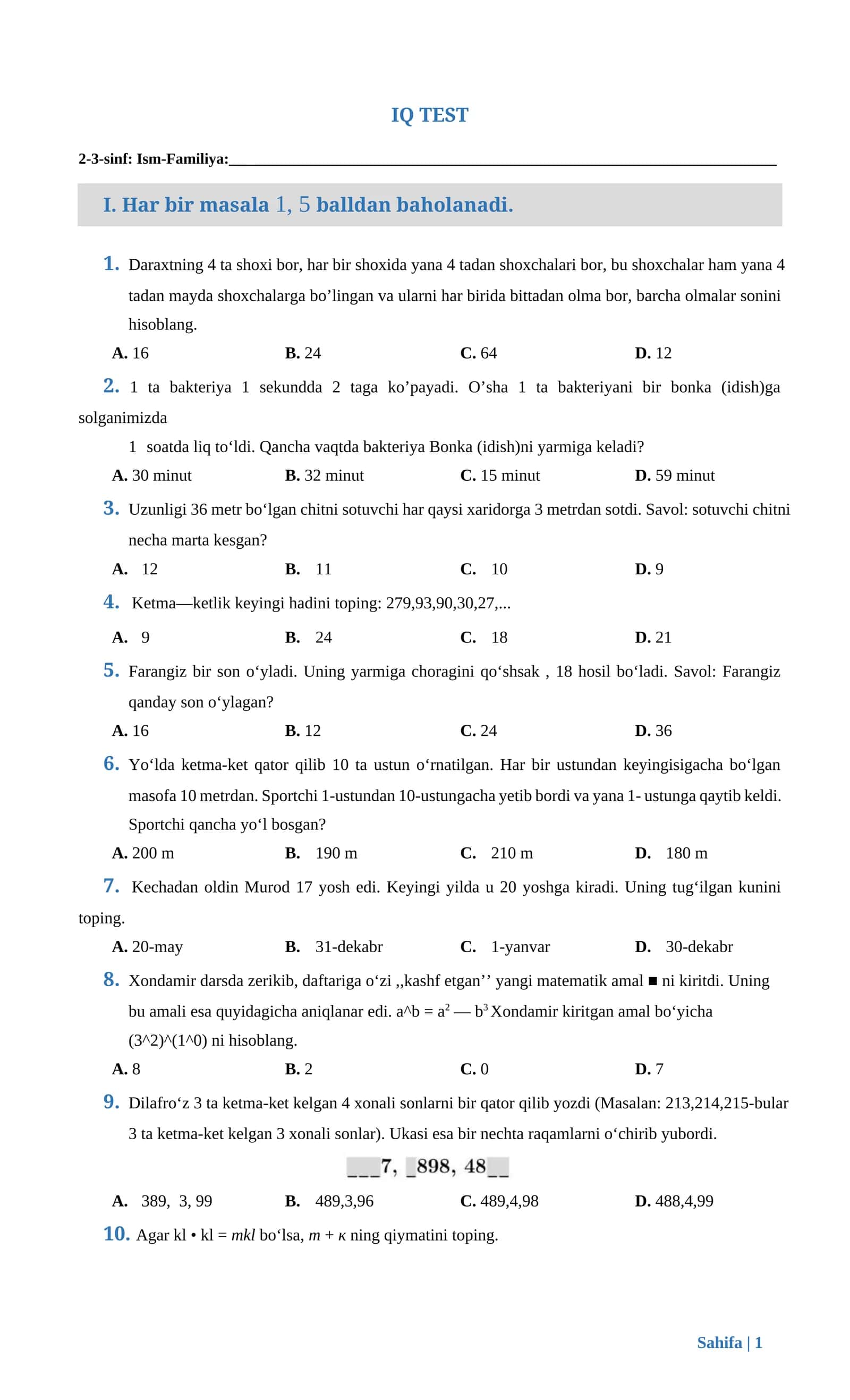 IQ-test (3-sinf) 1