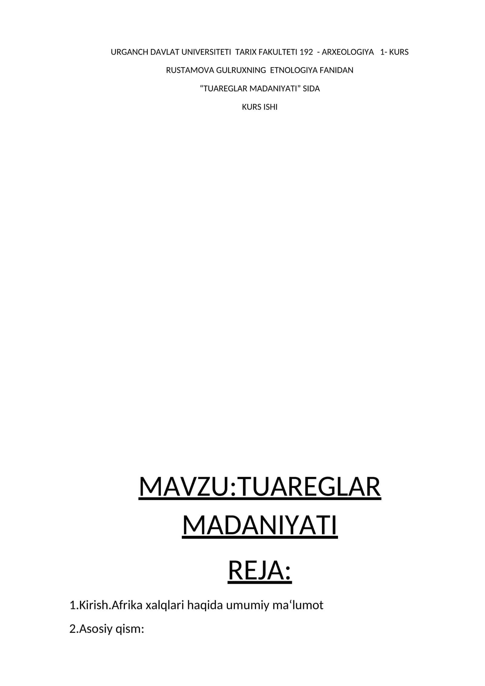 TUAREGLAR MADANIYATI - KURS ISHI 1