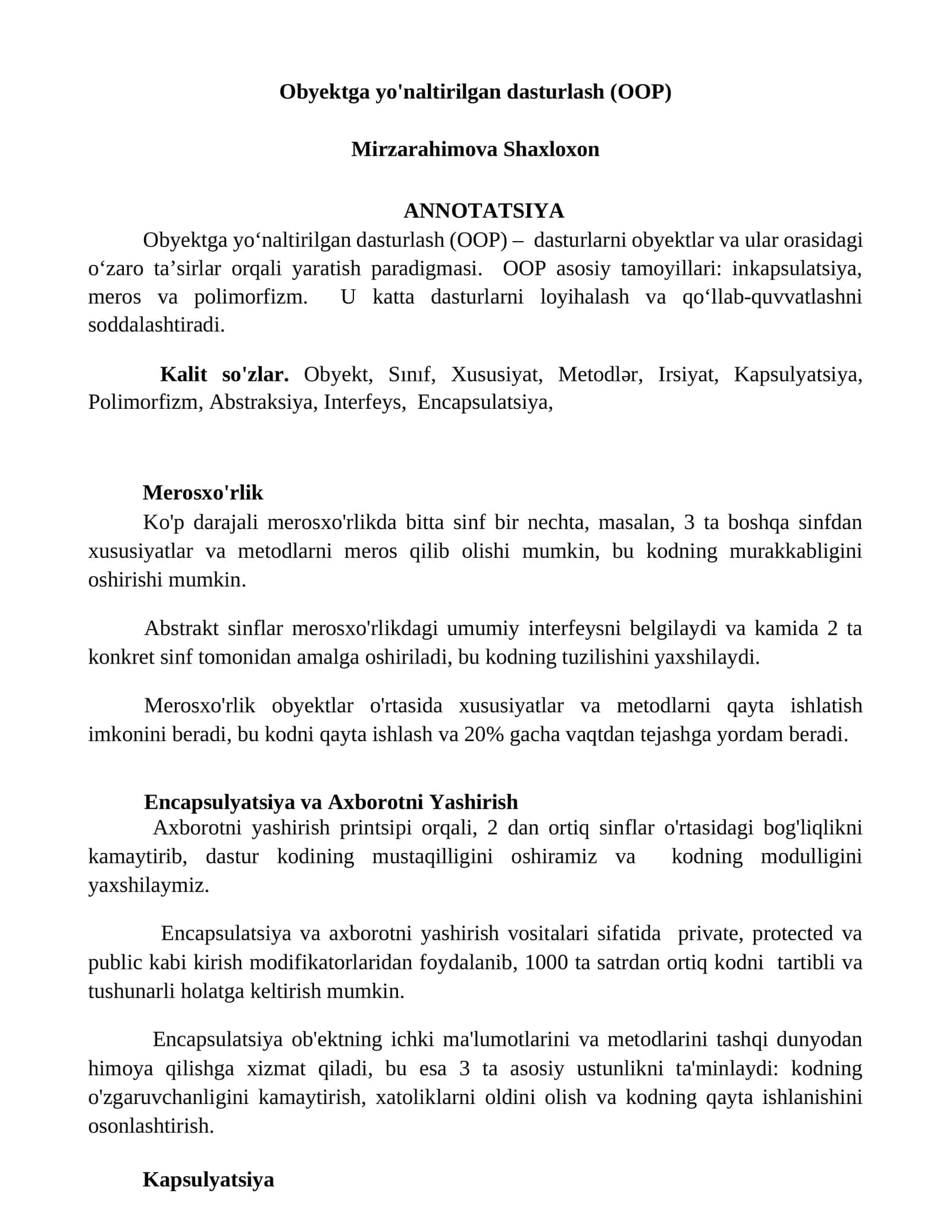 Obyektga yo'naltirilgan dasturlash (OOP) 1