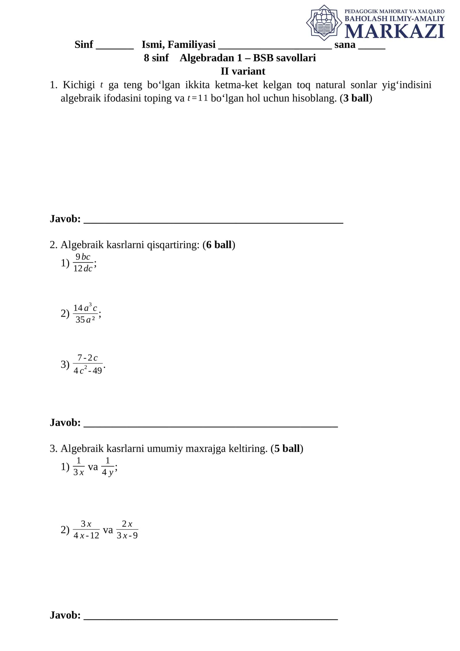 8 sinf Algebradan 1 – BSB savollari 1