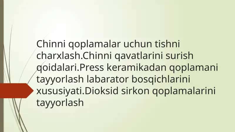 Chinni qoplamalar uchun tishni charxlash.Chinni qavatlarini surish qoidalari.Press keramikadan qoplamani tayyorlash labarator bosqichlarini xususiyati.Dioksid sirkon qoplamalarini tayyorlash 1