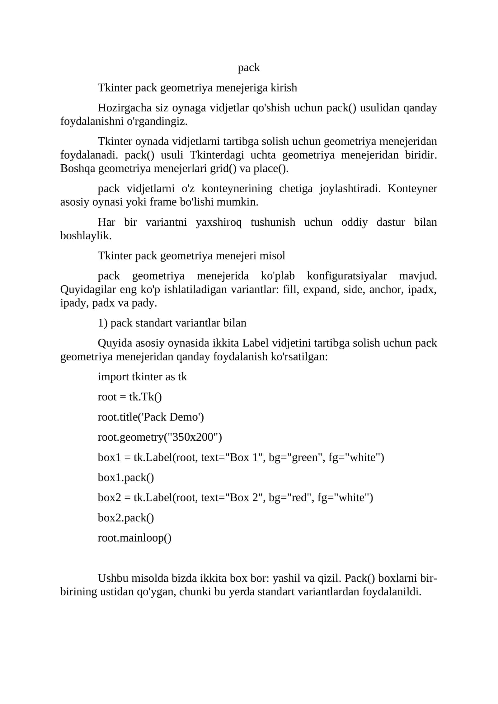 Tkinter pack geometriya menejeriga kirish 1