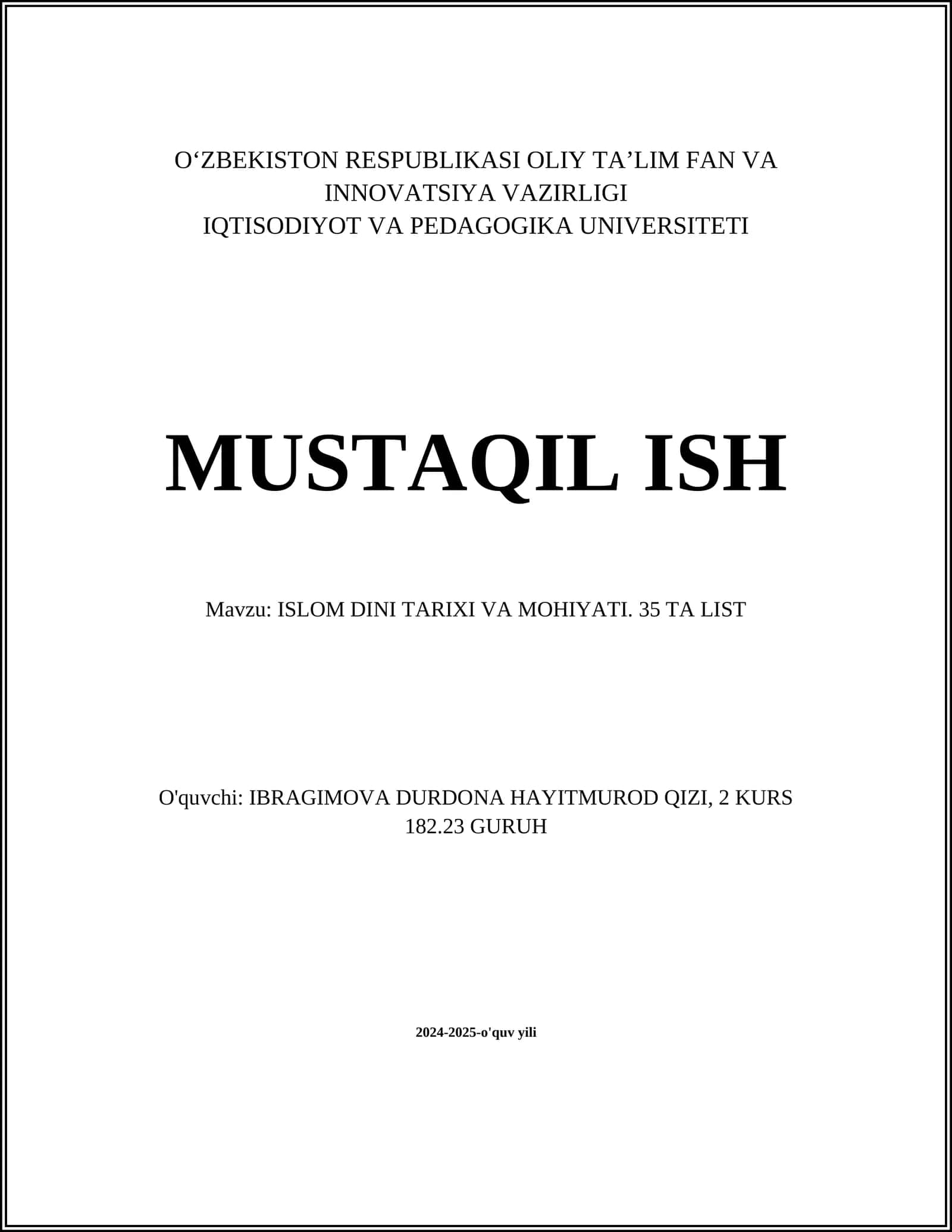 ISLOM DINI TARIXI VA MOHIYATI 1