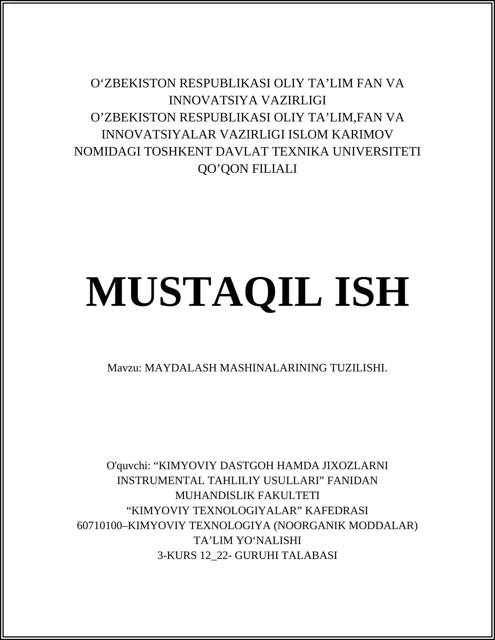 MAYDALASH MASHINALARINING TUZILISHI 1