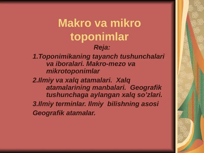 Makro va mikro toponimlar 1