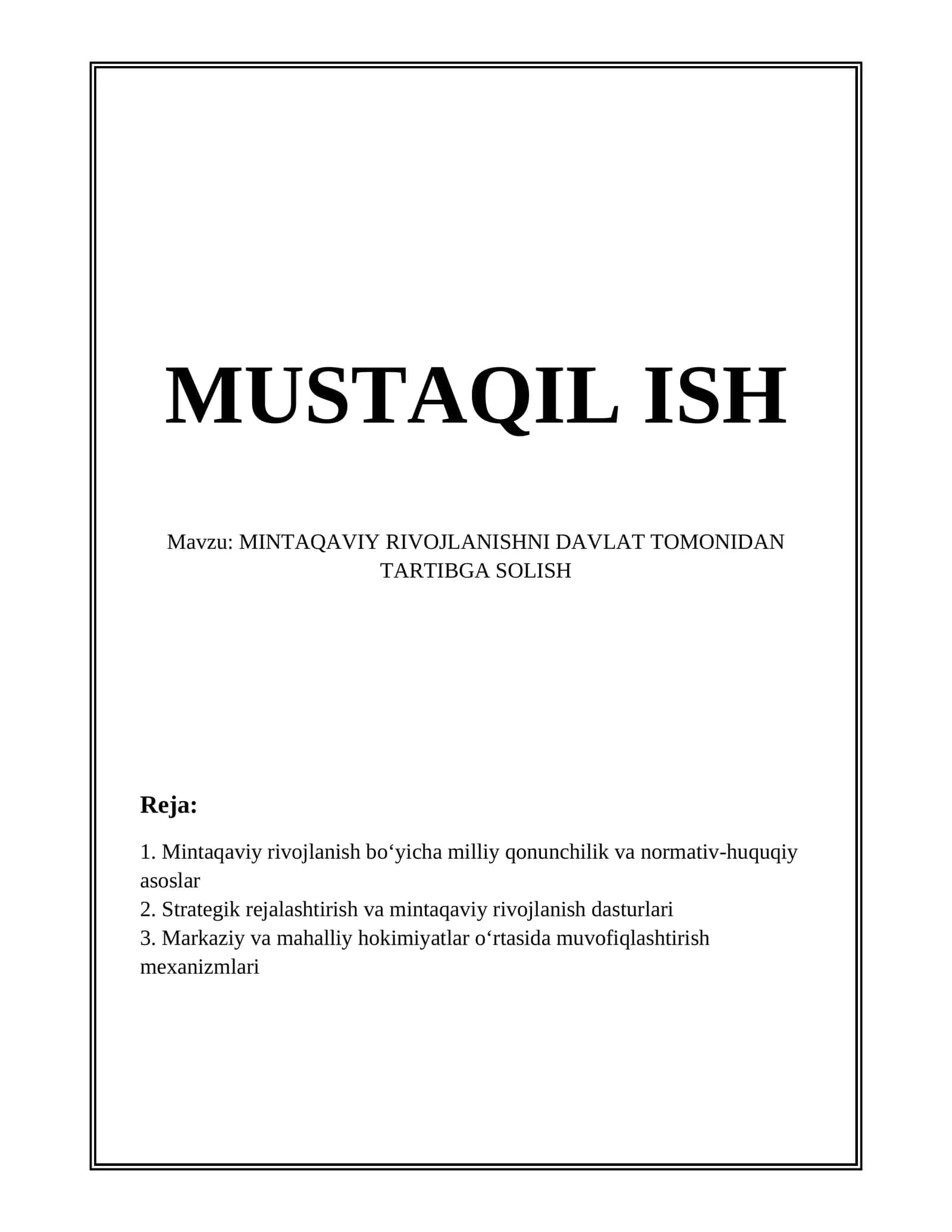 MINTAQAVIY RIVOJLANISHNI DAVLAT TOMONIDAN TARTIBGA SOLISH 1
