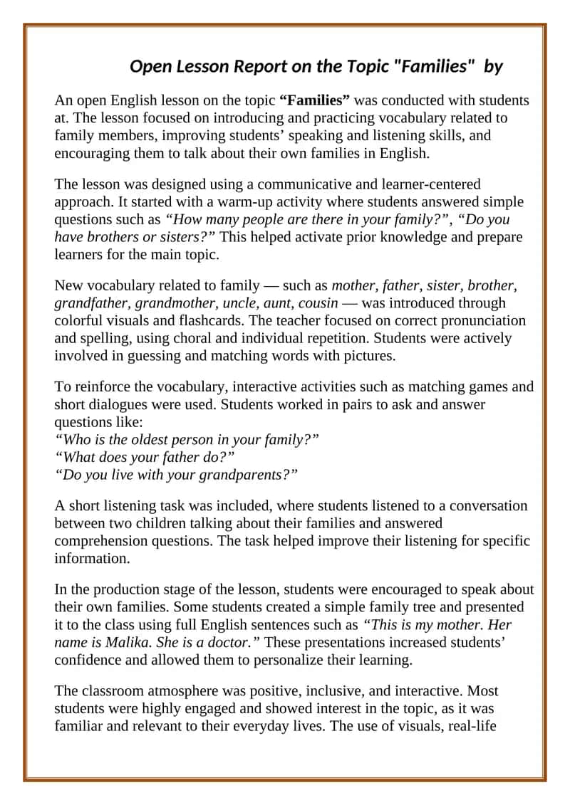 Open Lesson Report on the Topic "Families" 1