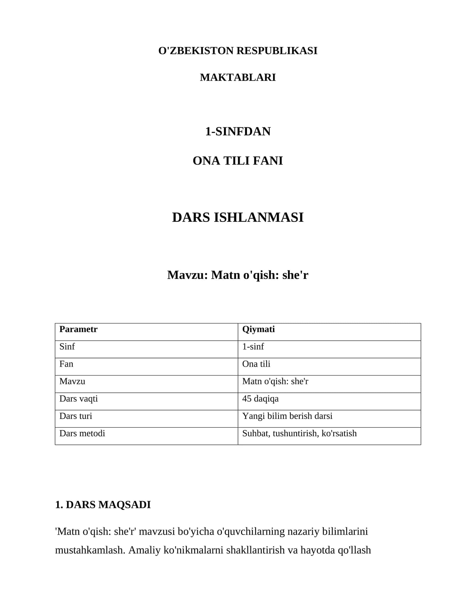 Matn o'qish: she'r DARS ISHLANMASI 1