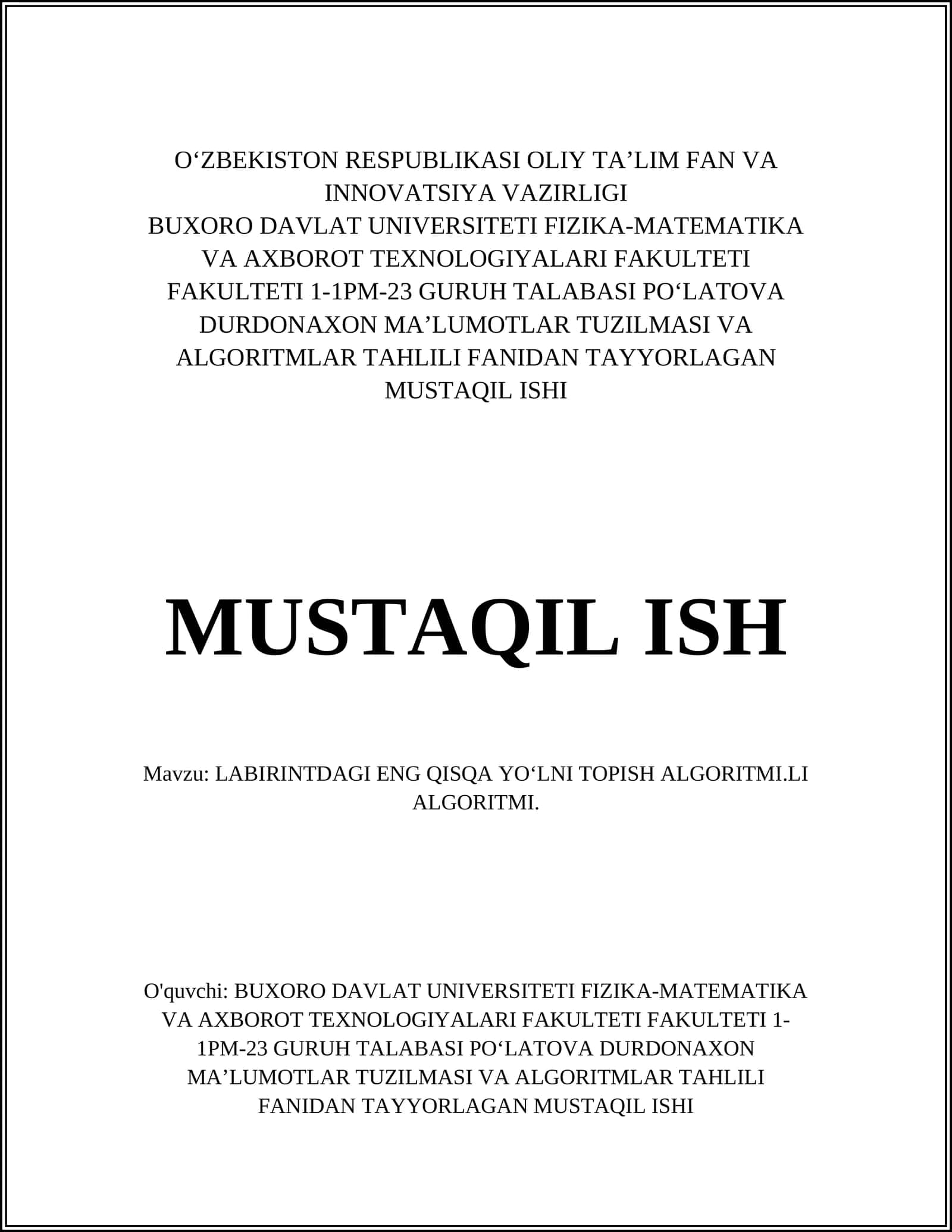 LABIRINTDAGI ENG QISQA YO‘LNI TOPISH ALGORITMI 1