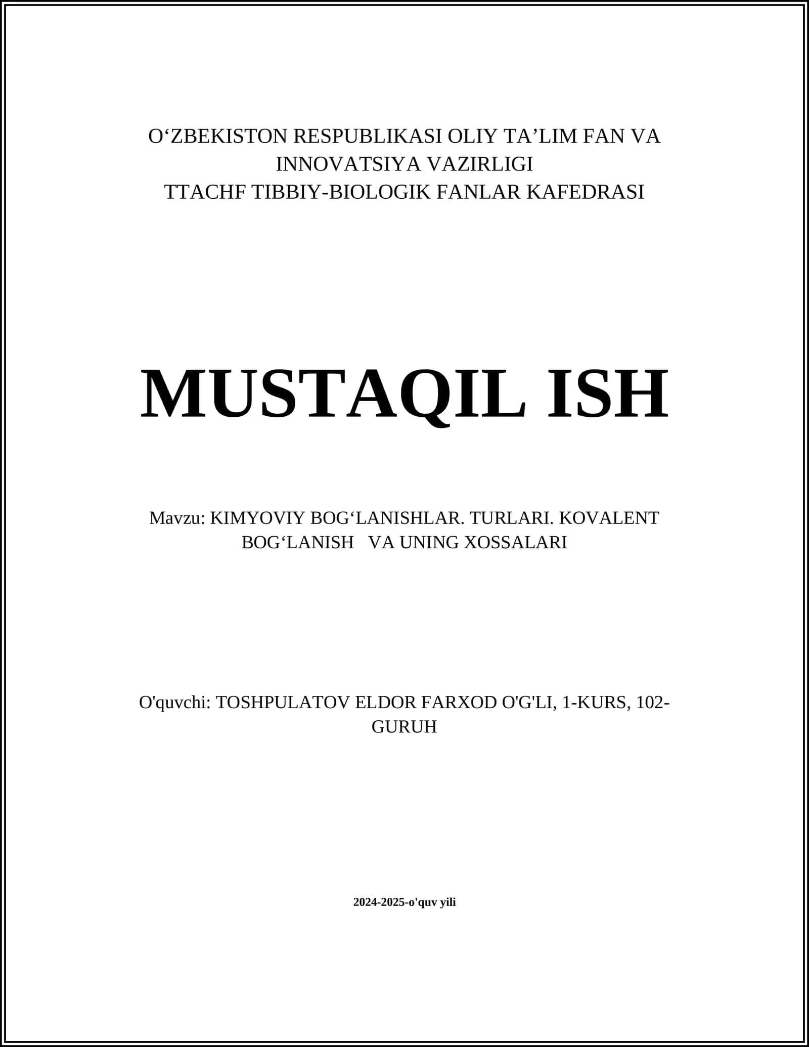 KIMYOVIY BOGʻLANISHLAR 1