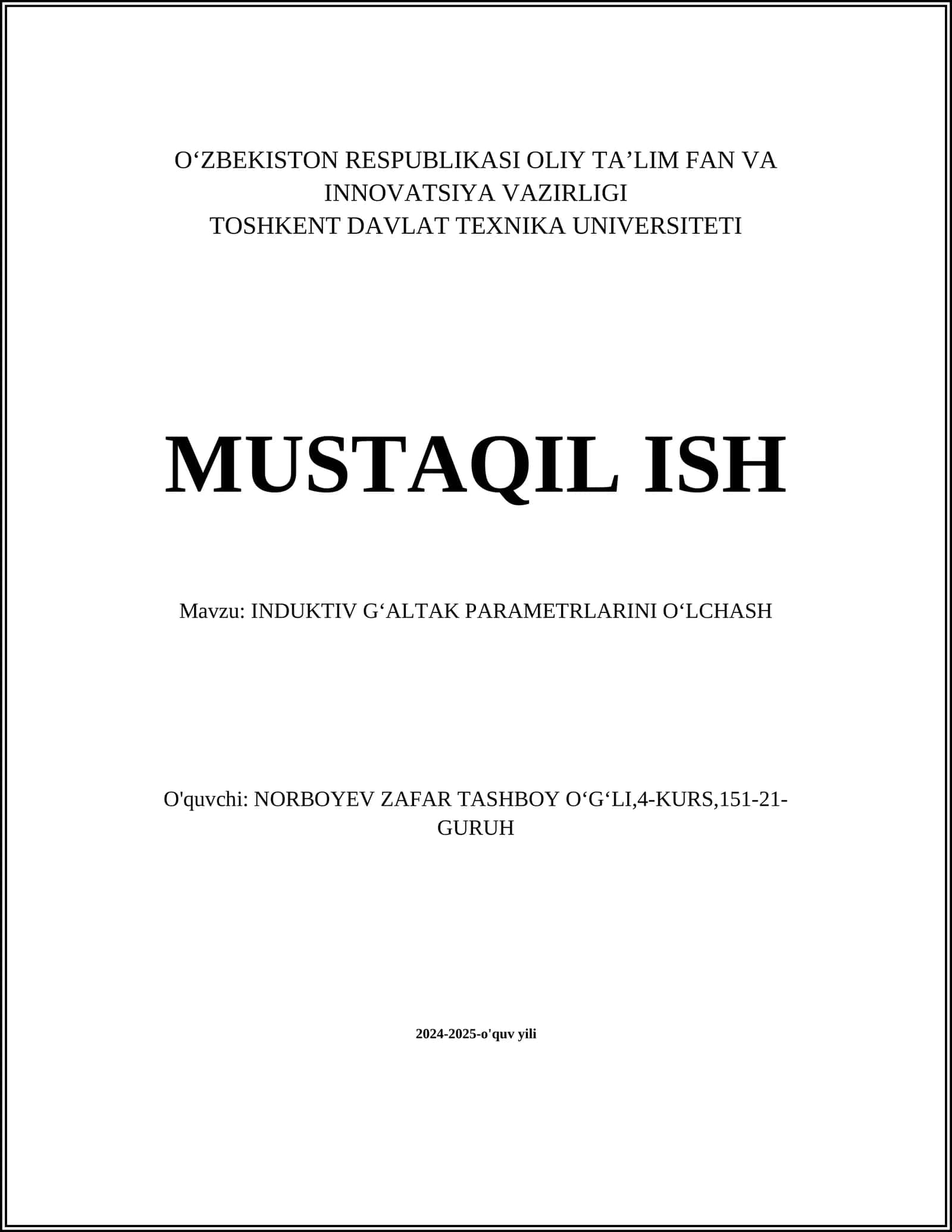 INDUKTIV GʻALTAK PARAMETRLARINI OʻLCHASH 1